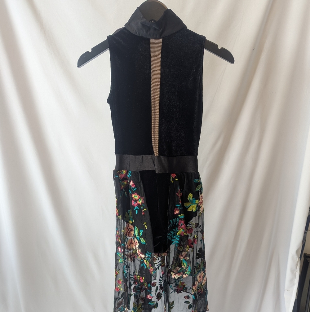 Black Velvet leotard and Floral Sheer High-Low Dress